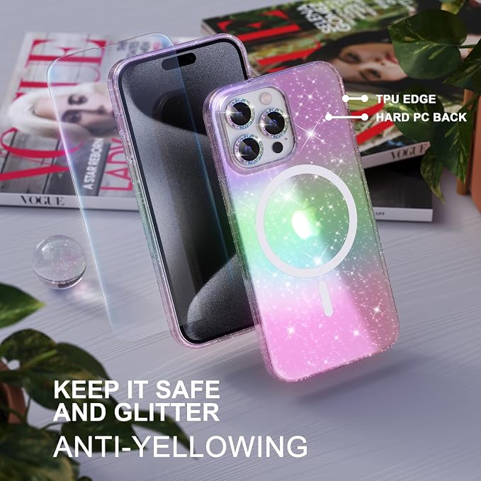 Choiche for iPhone 15 Pro Max Case Magnetic, Women Clear Glitter Bling Sparkly Case, [3xDiamond Camera Lens Protectors] [2xTempered Glass Screen Protectors] [Compatible MagSafe] (Glitter Colorful)