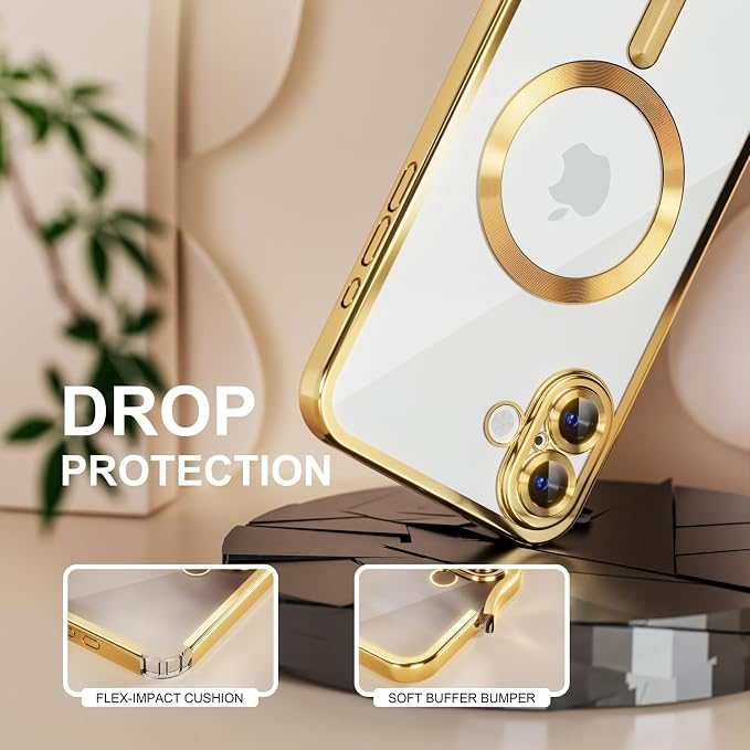 Misea Magnetic for iPhone 16 Plus Case Compatible with MagSafe [Never Yellowing] [Military Grade Drop Protection] Full Camera Lens Protector Plating Soft Clear Phone Case for Women 6.7", Gold