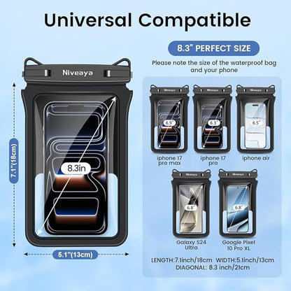 Niveaya Double Space Waterproof Phone Pouch - 2 Pack, Waterproof Phone Lanyard Case with iPhone 17/16/15/14/13 Pro Max up to 8.3", Phone Dry Bags for Vacation Beach Pool Kayak Cruise Travel Essentials