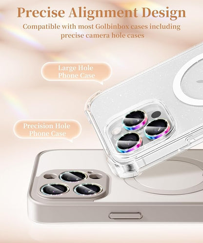 GolbinBox Camera Lens Protector for iPhone 17 Pro Max/17 Pro/16 Pro Max/16 Pro, 1:1 Invisible Fit, 9H Tempered Glass Ultra HD Metal Individual Camera Cover for Women, Case Friendly, Bling/Colorful