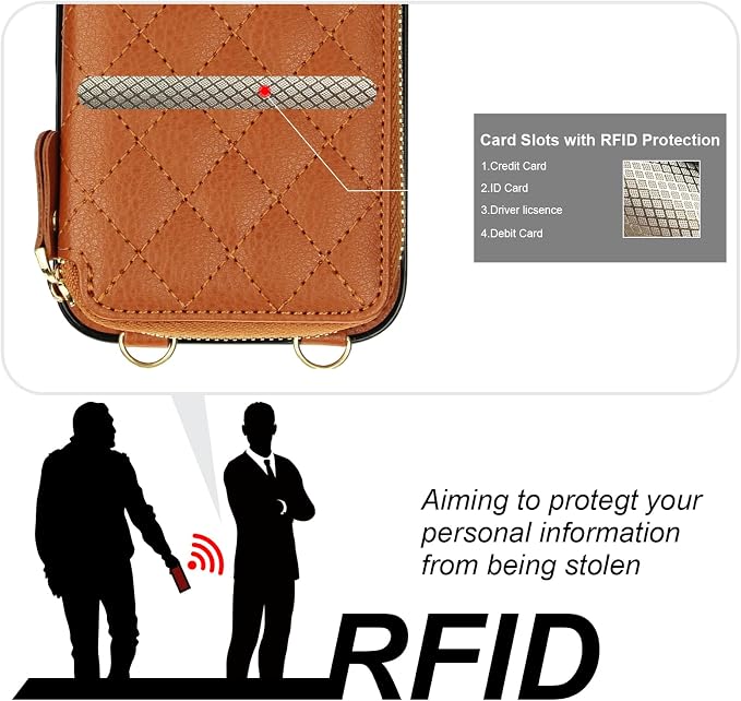 Bocasal Crossbody Wallet Case for iPhone 16 Pro Max, RFID Blocking PU Leather Zipper Handbag Purse Flip Cover, Kickstand Folio Case with Card Slots Holder Wrist Strap Lanyard 5G 6.9 Inch (Brown)