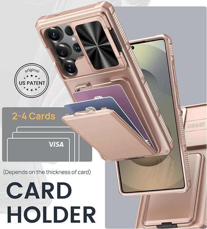 SSLOTSCASE for Samsung Galaxy S25 Ultra Case with 2X Screen Protector [9H Hardness] HD Clarity, Sliding Camera Cover & Stand & Card Holder, Military-Grade Protection Cover for S25 Ultra, Rose Gold