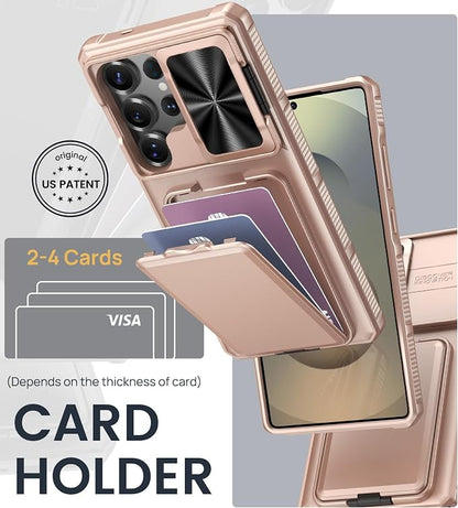 SSLOTSCASE for Samsung Galaxy S25 Ultra Case with 2X Screen Protector [9H Hardness] HD Clarity, Sliding Camera Cover & Stand & Card Holder, Military-Grade Protection Cover for S25 Ultra, Rose Gold