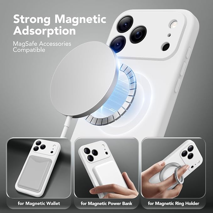 Magnetic for iPhone 17 Pro Max Case, Compatible with MagSafe, [Full Camera Protection][Screen Protector] Silicone Shockproof Protective Phone Case for iPhone 17 Pro Max 6.9", White