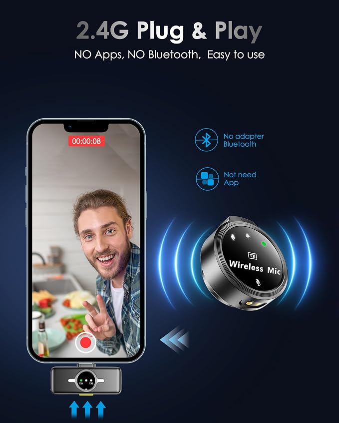 Wireless Lavalier Microphone for iPhone/Android, Lapel Mics with USB-C Plug-Play, Mini Mic with 2.4GHz Noise Cancellation, Charging Case Included, 300ft Range (Type-C)