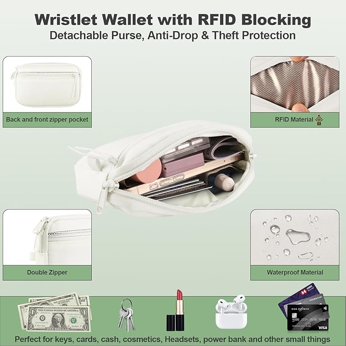 YFWE Clip and Go Strap for Phone with Wallet Crossbody, Adjustable Phone Lanyard with Detachable RFID Wristlet Wallet, Pattern Strap, Cream&Silver (M)