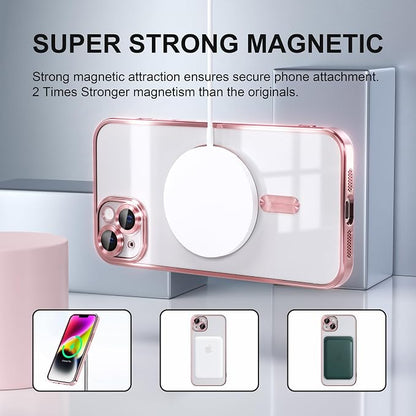 Misea Magnetic for iPhone 14 Case Compatible with MagSafe [Never Yellowing] [Military Grade Drop Protection] Full Camera Lens Protector Plating Soft Clear Phone Case for Women Girls, Pink
