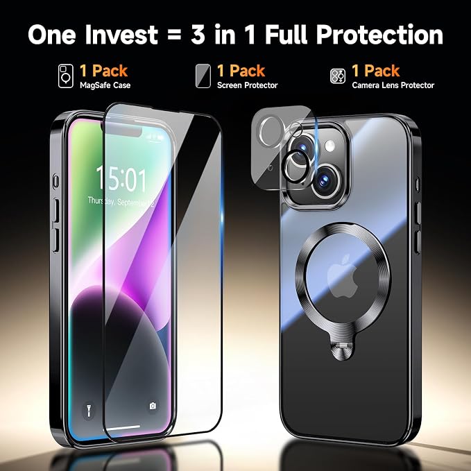 [Tri-Shield Protection] for iPhone 13/14 Case with 360° Spin Stand Compatible with MagSafe [Magnetic CD Ring] [Screen & Camera Lens Protector] Shockproof Plating Never-Yellowing, Black-6.1"