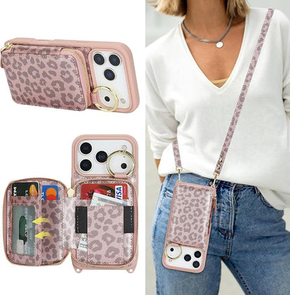 Crossbody Wallet Case for iPhone 17 Pro, PU Leather Zipper Handbag Purse Flip Cover, Kickstand Folio Case with Card Slots Holder Wrist Strap Lanyard 5G 6.3 Inch-Pink Leopard