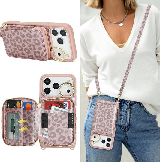 Crossbody Wallet Case for iPhone 17 Pro, PU Leather Zipper Handbag Purse Flip Cover, Kickstand Folio Case with Card Slots Holder Wrist Strap Lanyard 5G 6.3 Inch-Pink Leopard