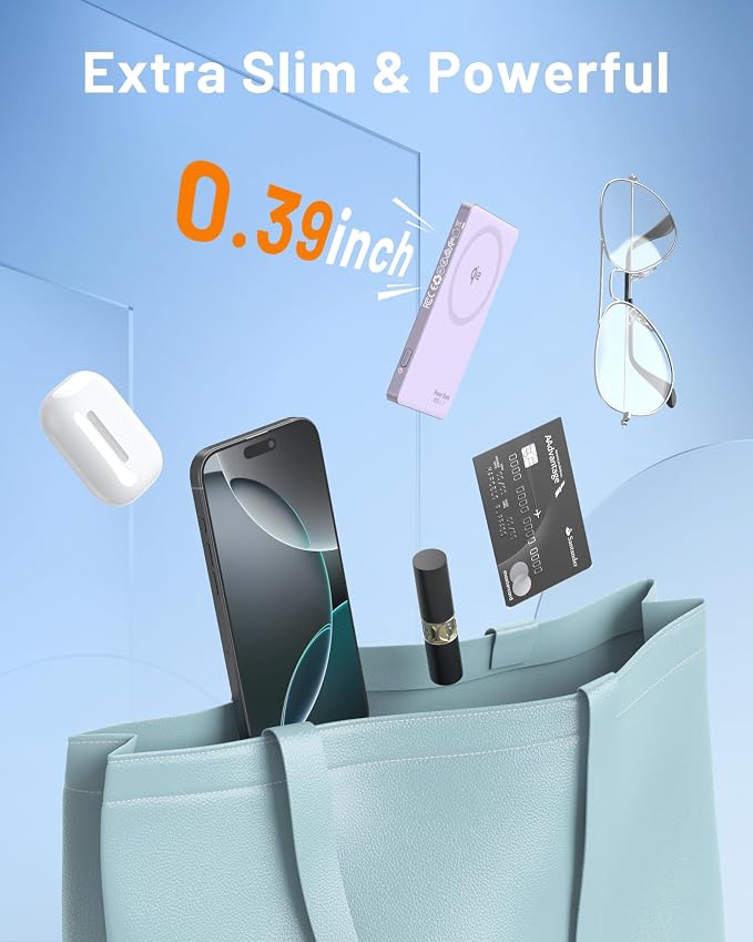 MagSafe Battery Pack 15W Fast Charging, Qi2 Certified Portable iPhone Charger, 0.39" Slim 5000mAh Magnetic Power Bank, PD20W USB C, Wireless Charger Only for iPhone 17/16/15/14/13/12 Series