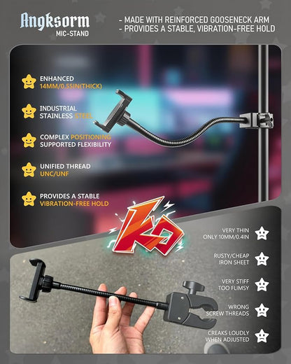 KBC1417 Mic Stand Phone Holder, Heavy-Duty Gooseneck Phone Holder with Super Clamp & Universal Phone Mount, Adjustable 360° Flexible Arm Clip for Mic Stand, Music Stand, Tripod, 13-INCH