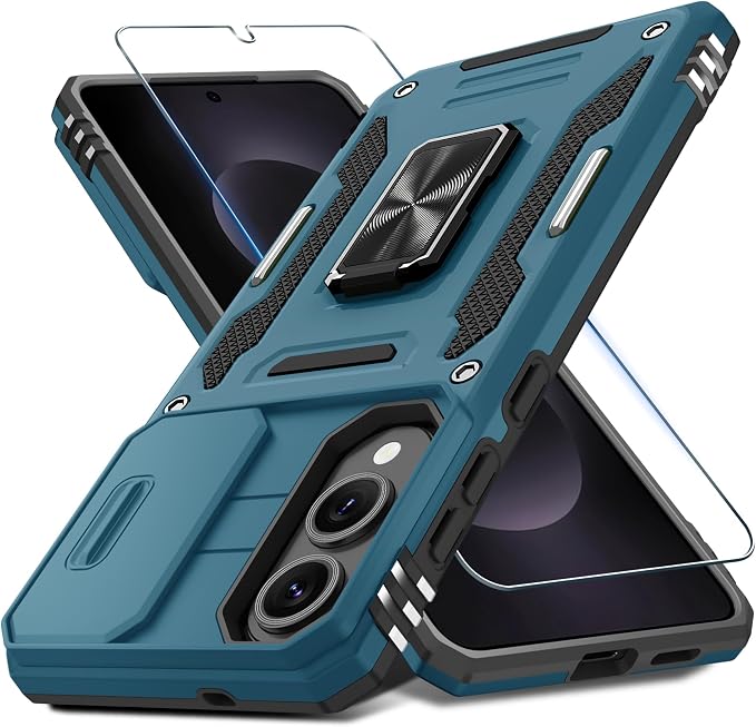 DEERLAMN Case for Samsung Galaxy S25 Edge with Slide Camera Cover+Screen Protector (1 Pack), Rotated Ring Kickstand Military Grade Shockproof Protective Cover-Light Blue