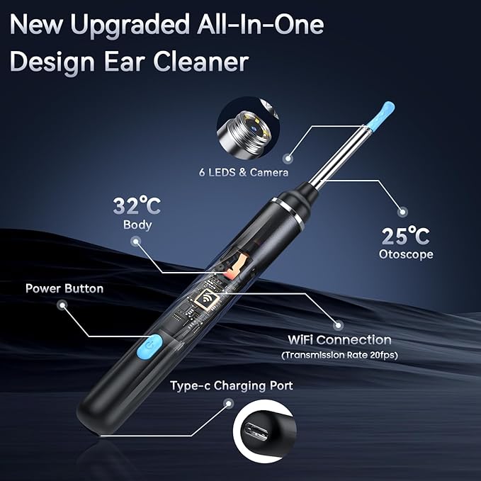 Ear Wax Removal Tool Camera, Ear Cleaner with Camera, Ear Wax Removal Kit, 1080P HD Ear Camera, Earwax Removal Kit with Camera and 6 LED Light, 6 Ear Pick & Ear Set for iOS & Android, Black