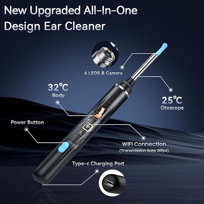 Ear Wax Removal Tool Camera, Ear Cleaner with Camera, Ear Wax Removal Kit, 1080P HD Ear Camera, Earwax Removal Kit with Camera and 6 LED Light, 6 Ear Pick & Ear Set for iOS & Android, Black