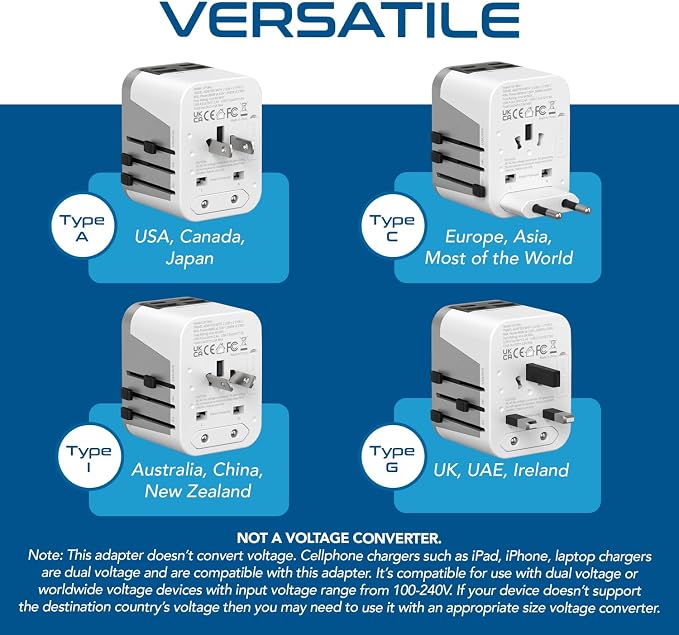 Ceptics Universal Travel Adapter for EU, UK, China, UAE, AU – International Power Adapter with Dual USB-C & USB-A – Ideal for Phone, Tablet & Smartwatch Chargers - Type A, C, G, I Plug Outputs | Universal Travel Adapter, Type A, C, G & I Plugs, Works i...