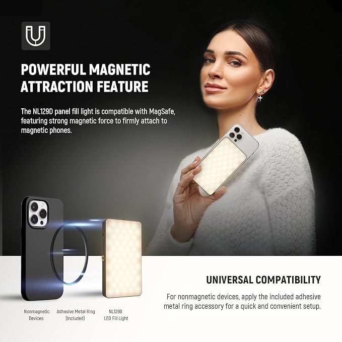 NEEWER Basics 5W Magnetic Phone Selfie Light for iPhone MagSafe, Dual Sided Clip LED Lighting 402lx/0.5m CRI90+ 3000mAh for Camera Recording Computer Video Conference Makeup Streaming, NL129D