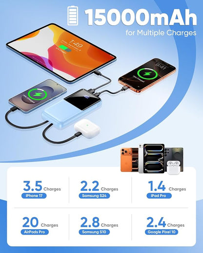 Portable Charger Power Bank - Slim 15000mAh 50% Larger Capacity Battery Pack, USB C 22.5W Fast Charging Powerbank with Built-in Cable, Travel Essential Phone Charger for iPhone Android, Glacier blue