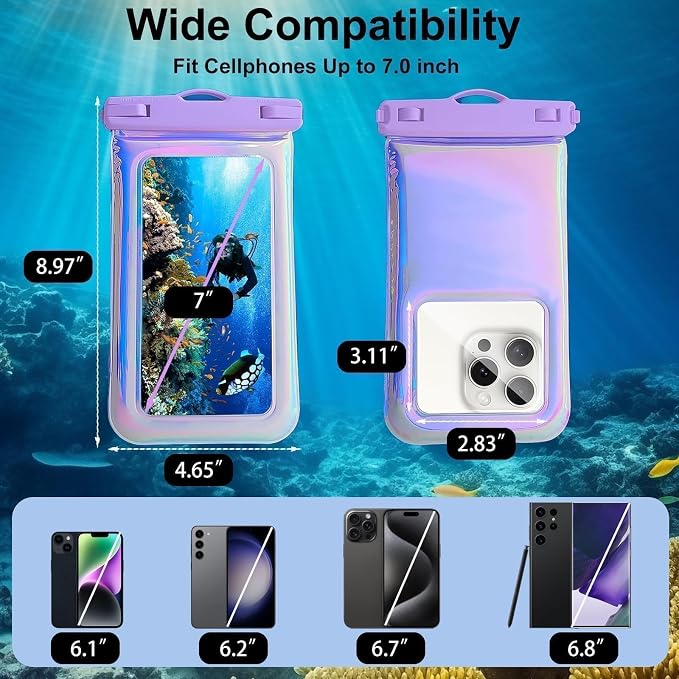 MOLOSLEEVE 1 Pack Waterproof Phone Pouch [Floatable], Waterproof Phone Case for iPhone 17/16 Pro Max/15 Pro/14/13, IP68 Cellphone Dry Bag Beach Cruise Ship Essentials,Travel Essentials, Iridescent-7″