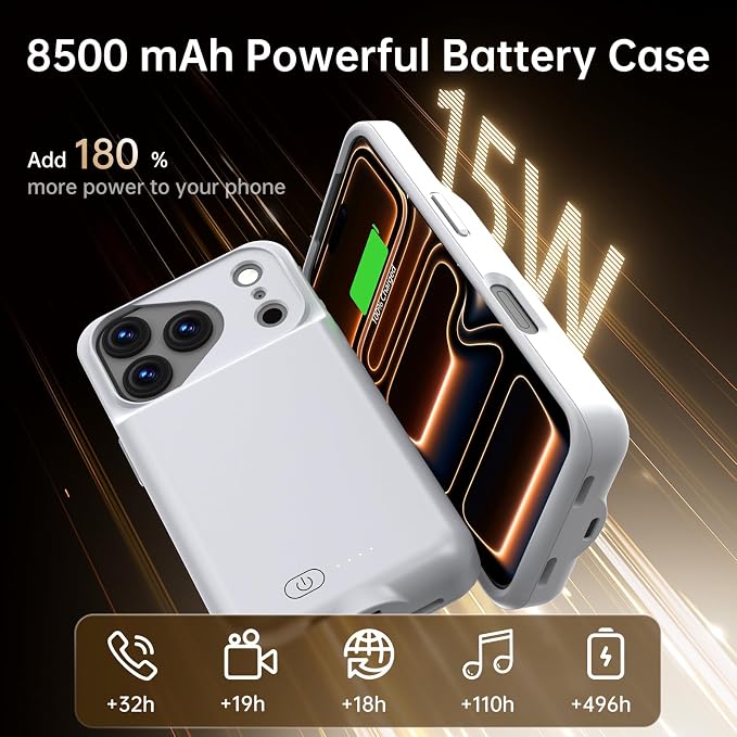 GIN FOXI Battery Case for iPhone 17 Pro Max, Charging Case Charger 8500mAh Ultra-Slim Lightweight Powerful Battery Pack 15W Fast Rechargeable Anti-Fall TPU Juice Box for 17 Pro Max (6.9") Grey