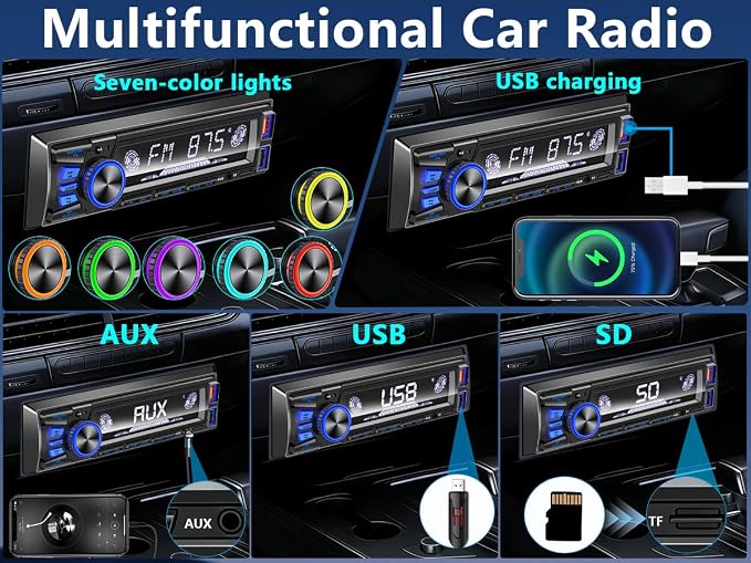 Car Radio Bluetooth Single DIN Car Stereo Audio,Car Audio with Push to Talk Button for Handsfree Calling,Supports FM/ MP3/EQ/SD/AUX,Dual USB,iOS & Android App Control,7 LED Colors | Not CD Player