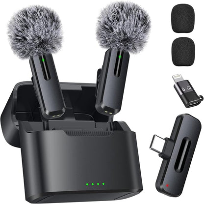 Wireless Mini Microphone for iPhone - 2 Pack Lavalier Microphone for Video Recording, 2 in 1 Noise Reduction Lapel Mic for Ipad, Android,Clip-on Mini Mic with Charging Case