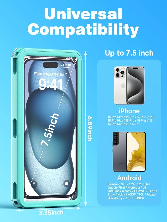 APRUT Waterproof Phone Pouch Case 7.5", 2025 Upgraded IPX8 Waterproof Phone Case for Snorkeling, Universal Fit for iPhone 16 Pro Max 15 14 13, Galaxy S25, Beach Vacation Essentials (Cyan)