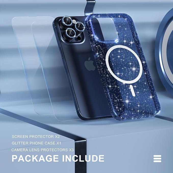 Choiche for iPhone 15 Pro Max Case Magnetic, Women Clear Glitter Bling Sparkly Case, [3xDiamond Camera Lens Protectors] [2xTempered Glass Screen Protectors] [Compatible MagSafe] (Glitter Blue)