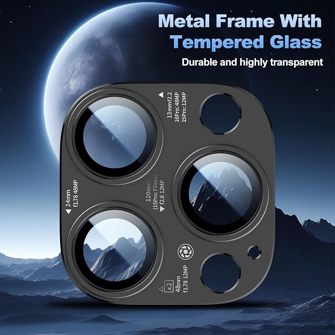 [2 PACK for iPhone 14/15/16 Pro & Pro Max Camera Lens Protector with parameters printing,Tempered Glass Camera Cover Screen - Black
