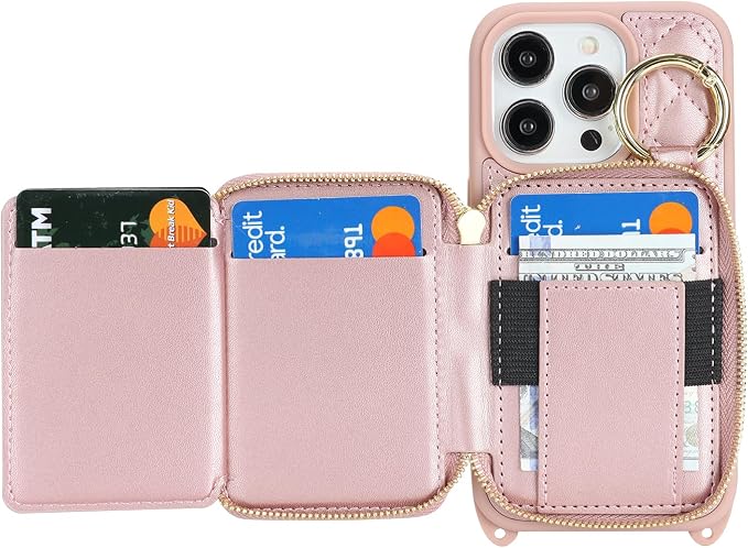 Crossbody Wallet Case for iPhone 14 Pro, PU Leather Zipper Handbag Purse Flip Cover, Kickstand Folio Case with Card Slots Holder Wrist Strap Lanyard 5G 6.1 Inch-Rose Gold