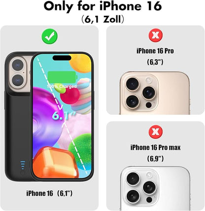 Battery Case for iPhone 16 (6.1 Inch) 8500 mAh, Slim Rechargeable Extended Charging Case, Portable Protective Phone Case with Battery Power Bank with Stand for iPhone 16 - Black