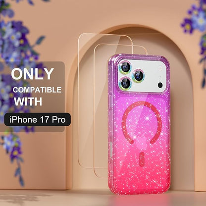 Choiche Magnetic for iPhone 17 Pro Case Compatible with MagSafe, Women Cute Glitter Sparkly Phone Case with Diamond Camera Lens Protectors, Military-Grade Drop Protection 6.3" (Purple/Pink)