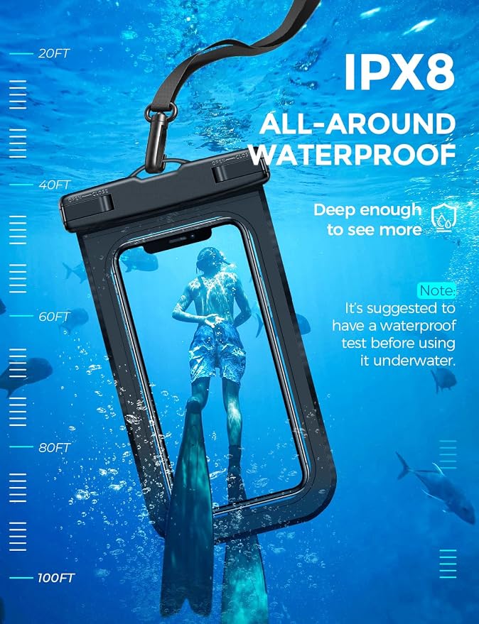 Waterproof Phone Pouch IP68 Floating Waterproof Phone Case, Dry Bag Beach Cruise Essentials with Adjustable Lanyard for iPhone 16 Pro Max / 15 Pro/Galaxy S24 S23 (Black & Clear & Blue)
