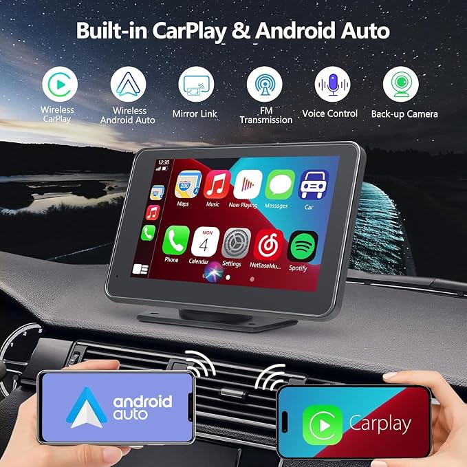 Carplay Screen for Car with Apple CarPlay/Android Auto, 7" Wireless Car Stereo, Portable Touchscreen Car Radio with Bluetooth, Backup Camera, GPS Navigation, Mirror Link,Multimedia Player All Vehicles