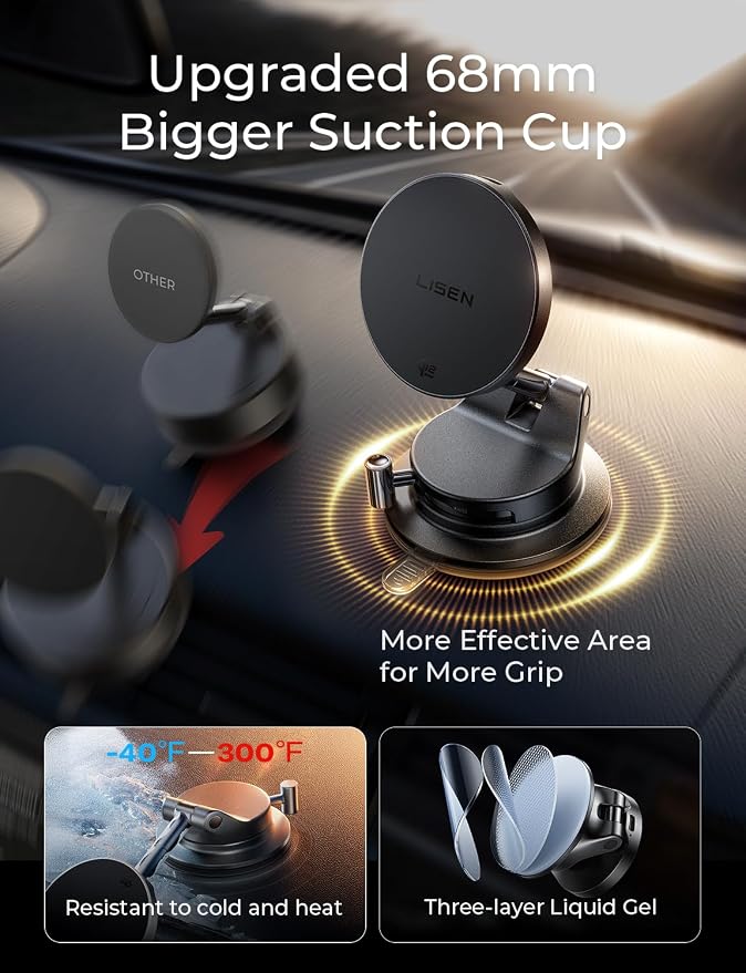 LISEN Qi2.2 25W Magsafe Car Mount Charger,[More Stable & Faster Charging] Suction Cup Phone Mount, Wireless Car Charger 25W for iPhone 17 16 Samsung Galaxy S26 Ultra,15W for iPhone 17e 15 14 13 12