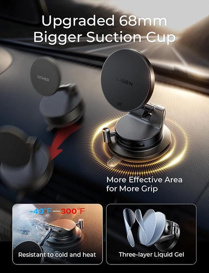 LISEN Qi2.2 25W Magsafe Car Mount Charger,[More Stable & Faster Charging] Suction Cup Phone Mount, Wireless Car Charger 25W for iPhone 17 16 Samsung Galaxy S26 Ultra,15W for iPhone 17e 15 14 13 12