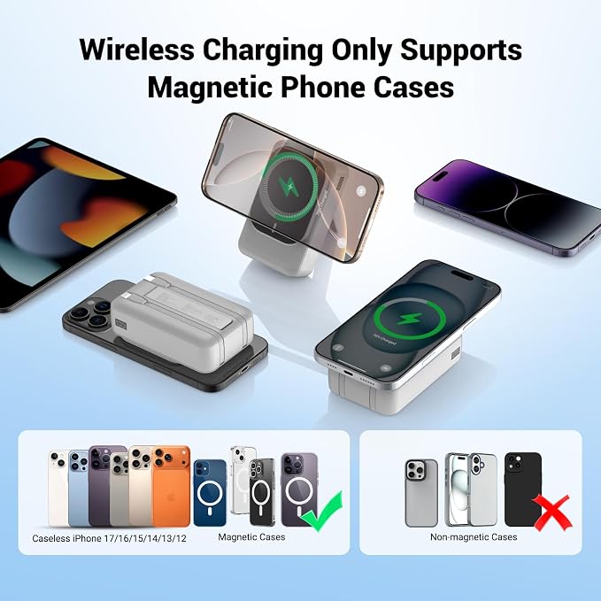 Magnetic Wireless Power Bank 26800mAh, PD 22.5W Type-C Fast Charging Portable Charger 5 Outputs, Battery Pack for Magsafe Built in 2 Cables with Stand LED Display for iPhone 17/16/15/14/13/12-White