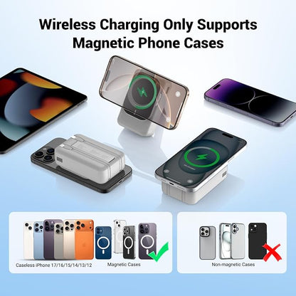 Magnetic Wireless Power Bank 26800mAh, PD 22.5W Type-C Fast Charging Portable Charger 5 Outputs, Battery Pack for Magsafe Built in 2 Cables with Stand LED Display for iPhone 17/16/15/14/13/12-White