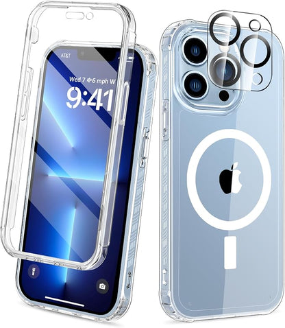 Compatible with iPhone 13 Pro Max Case Clear, Built-in Screen Protector, with Camera Lens Protector, [Compatible with MagSafe] Full Body Phone Case, Protective Cover for 13 ProMax 6.7" (Clear)