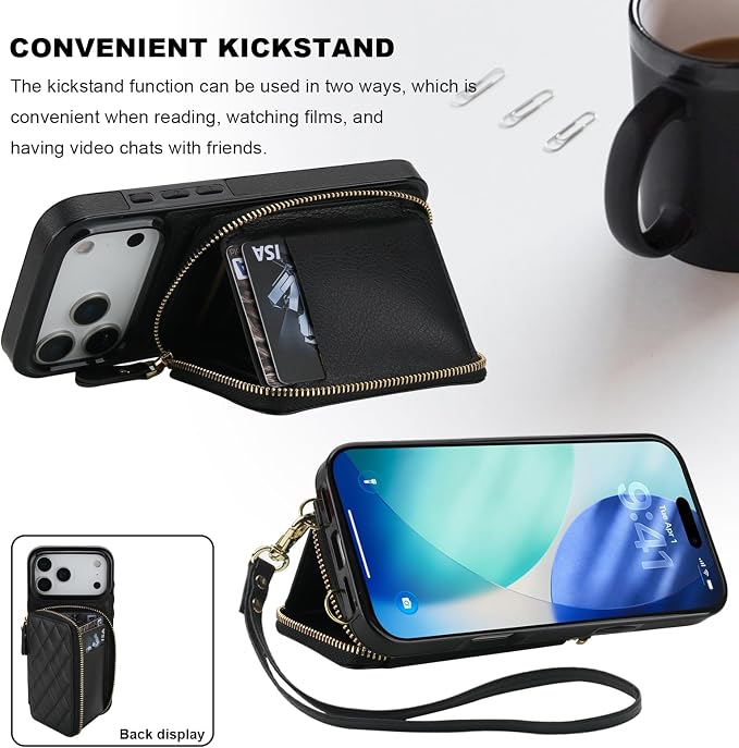 Bocasal Crossbody Wallet Case for iPhone 17 Pro Max, RFID Blocking PU Leather Zipper Handbag Purse Flip Cover, Kickstand Folio Case with Card Slots Holder Wrist Strap Lanyard 5G 6.9 Inch (Black)