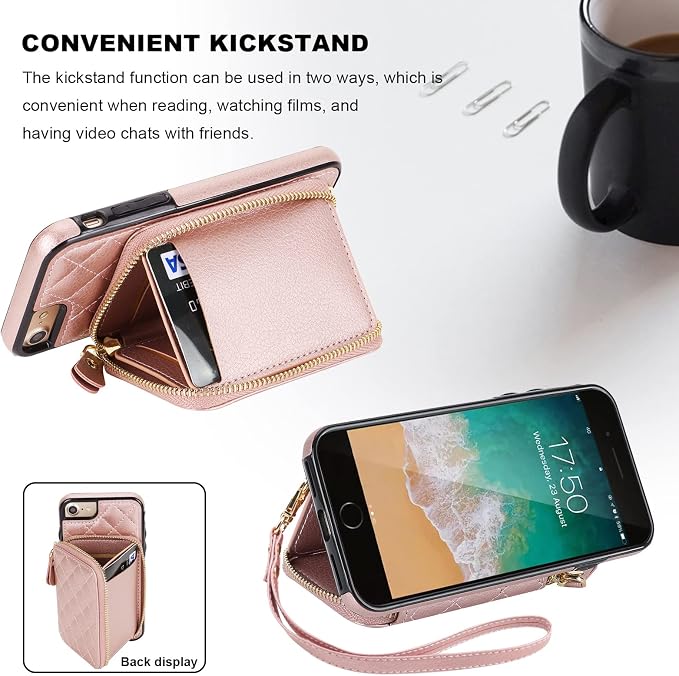 Bocasal Crossbody Wallet Case for iPhone SE 2022/SE 2020/8/7, RFID Blocking Leather Zipper Handbag Purse Flip Cover, Kickstand Folio Case with Card Slot Holder Wrist Strap Lanyard 4.7 Inch (Rose Gold)