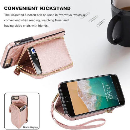 Bocasal Crossbody Wallet Case for iPhone SE 2022/SE 2020/8/7, RFID Blocking Leather Zipper Handbag Purse Flip Cover, Kickstand Folio Case with Card Slot Holder Wrist Strap Lanyard 4.7 Inch (Rose Gold)