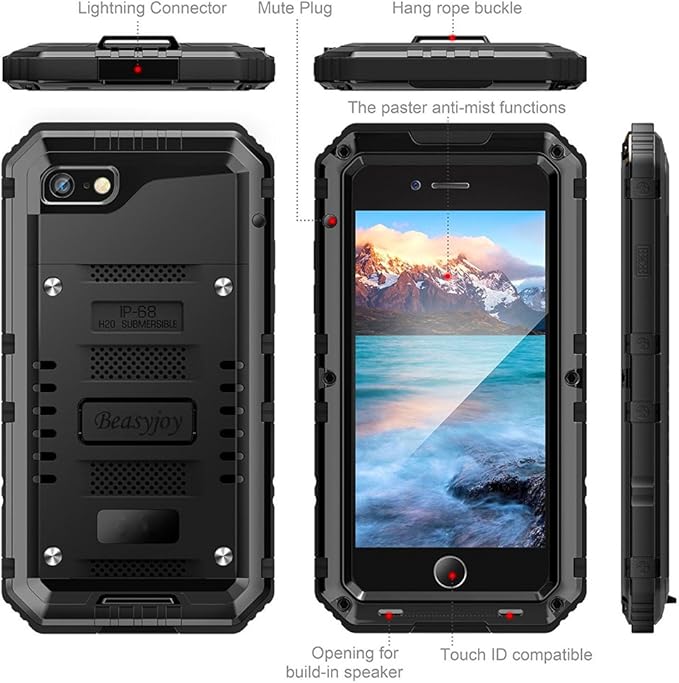 Beasyjoy for iPhone SE 2022/2020/ 8/7 Metal Case, Waterproof Heavy Duty Case with Screen Protector, Full Body Protection Military Grade Shockproof Defender Durable Sturdy Rugged Aluminum Cover, Black