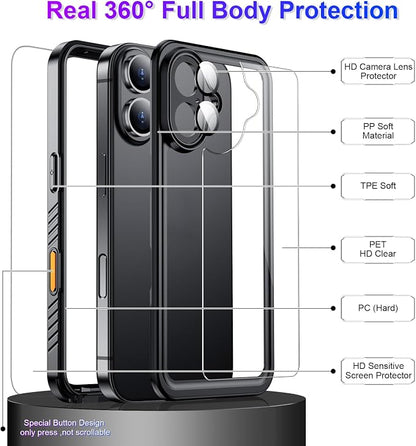 Temdan Compatible with iPhone 16 Case Waterproof, Built-in Screen & Camera Protector IP68 Underwater Full Body 16FT Military Dropproof Shockproof Phone Case 6.1"-Black/Clear