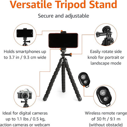 Amazon Basics Portable and Flexible Tripod with Wireless Remote and Smartphone Clamp, 10-inch, Black