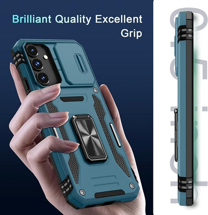 DEERLAMN Case for Samsung Galaxy S25 FE 6.7-Inch with Slide Camera Cover+Screen Protector(1 Pack), Rotated Ring Kickstand Military Grade Shockproof Protective Cover-Light Blue