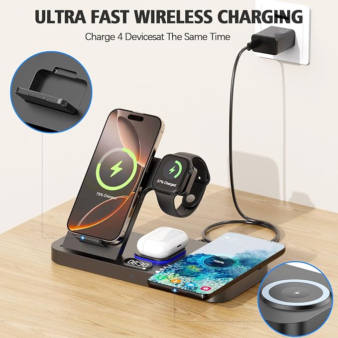 Dual Phone Wireless Charging Station for Apple Devices, 30W Wireless Charger with Auto-Switch 7-Color Light & Clock,Dual iPhone for iPhone 17 for AirPods4 for Apple Watch10