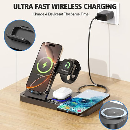 Dual Phone Wireless Charging Station for Apple Devices, 30W Wireless Charger with Auto-Switch 7-Color Light & Clock,Dual iPhone for iPhone 17 for AirPods4 for Apple Watch10