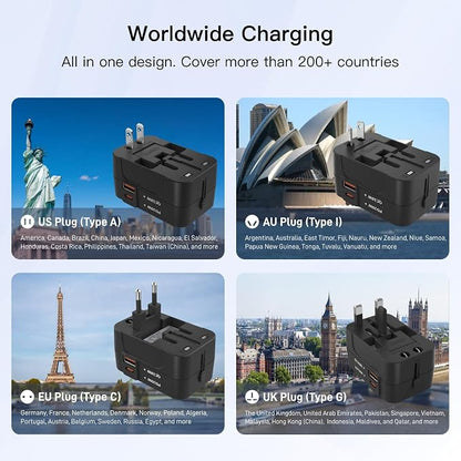 HAPOW Universal Travel Adapter - 1 USB-C & 1 USB-A Fast Charging Travel Charger, Worldwide Plug Adapter for EU UK USA AU, Black