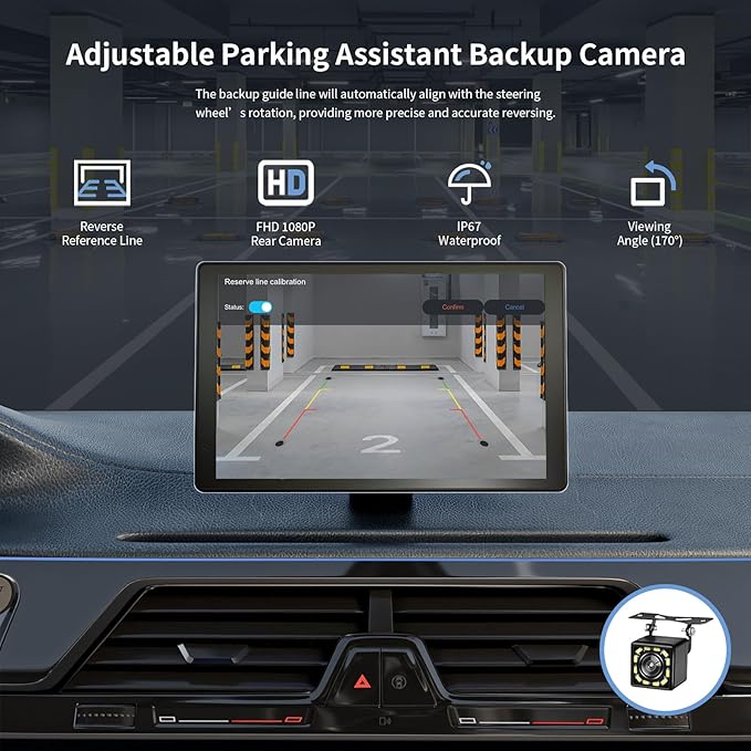 Portable Apple Carplay Screen for Car, 9" Wireless Apple Carplay & Android Auto,4K Dash Cam,1080p Backup Camera DVR,Car Audio Receivers GPS Navigation Mirror Link, Bluetooth,FM, Siri